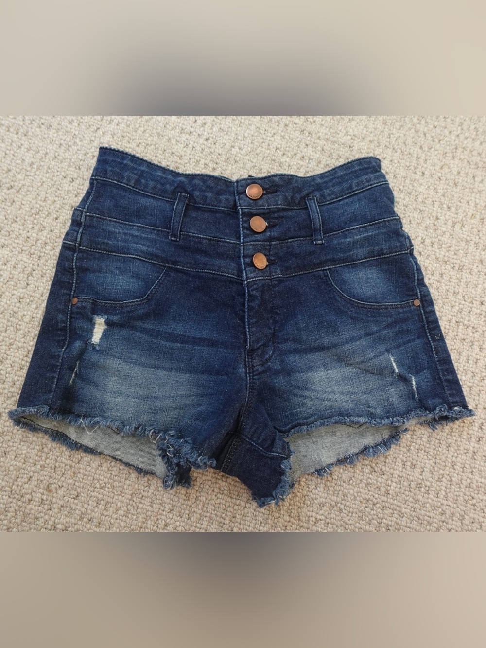 Refuge cotton Dark Wash High-Rise Triple-Button distressed Denim booty Shorts